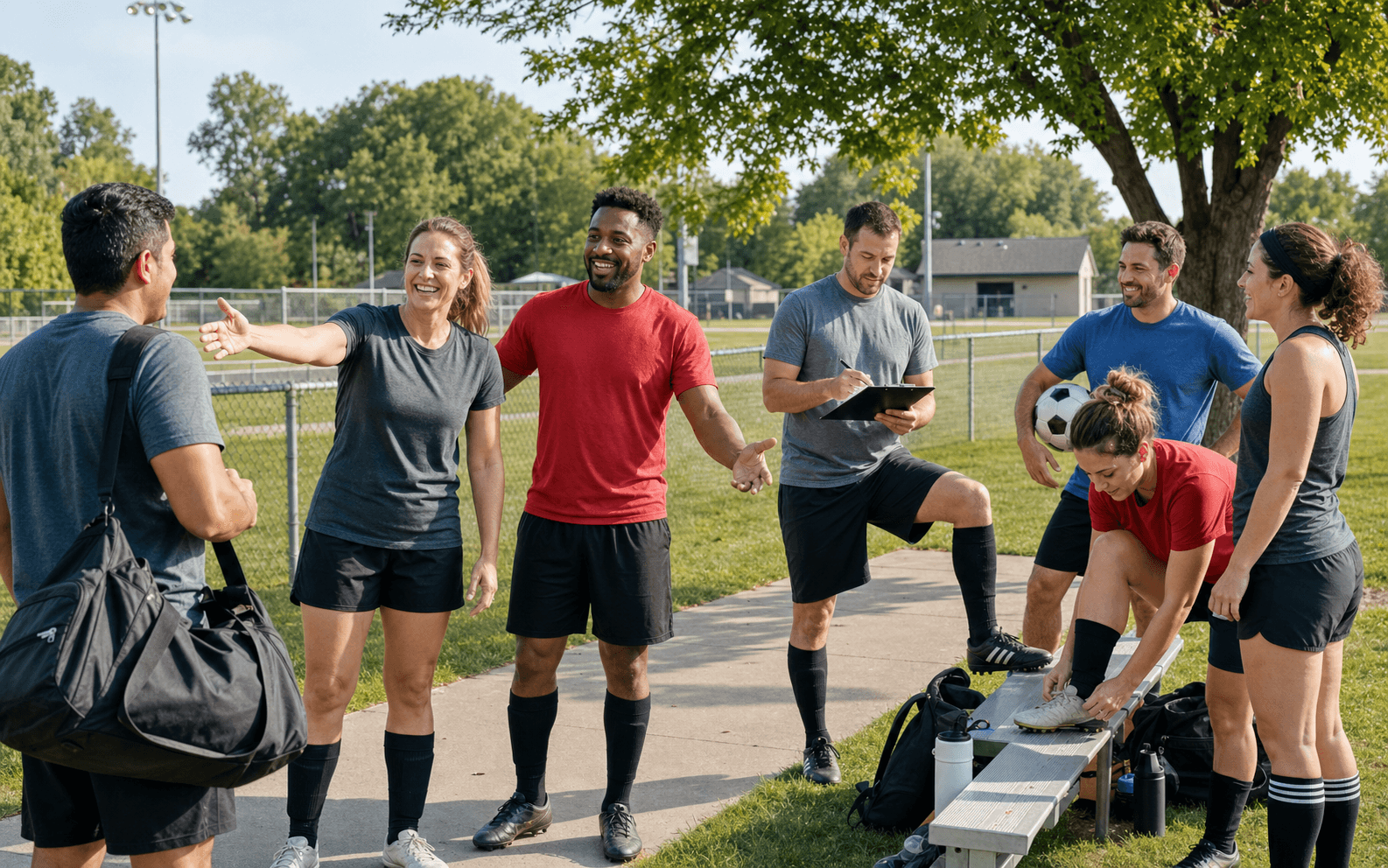 Adult soccer players welcoming a new teammate before a match at an Eastern Iowa park.