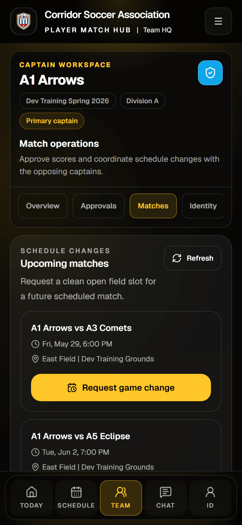 Captain Match Operations page